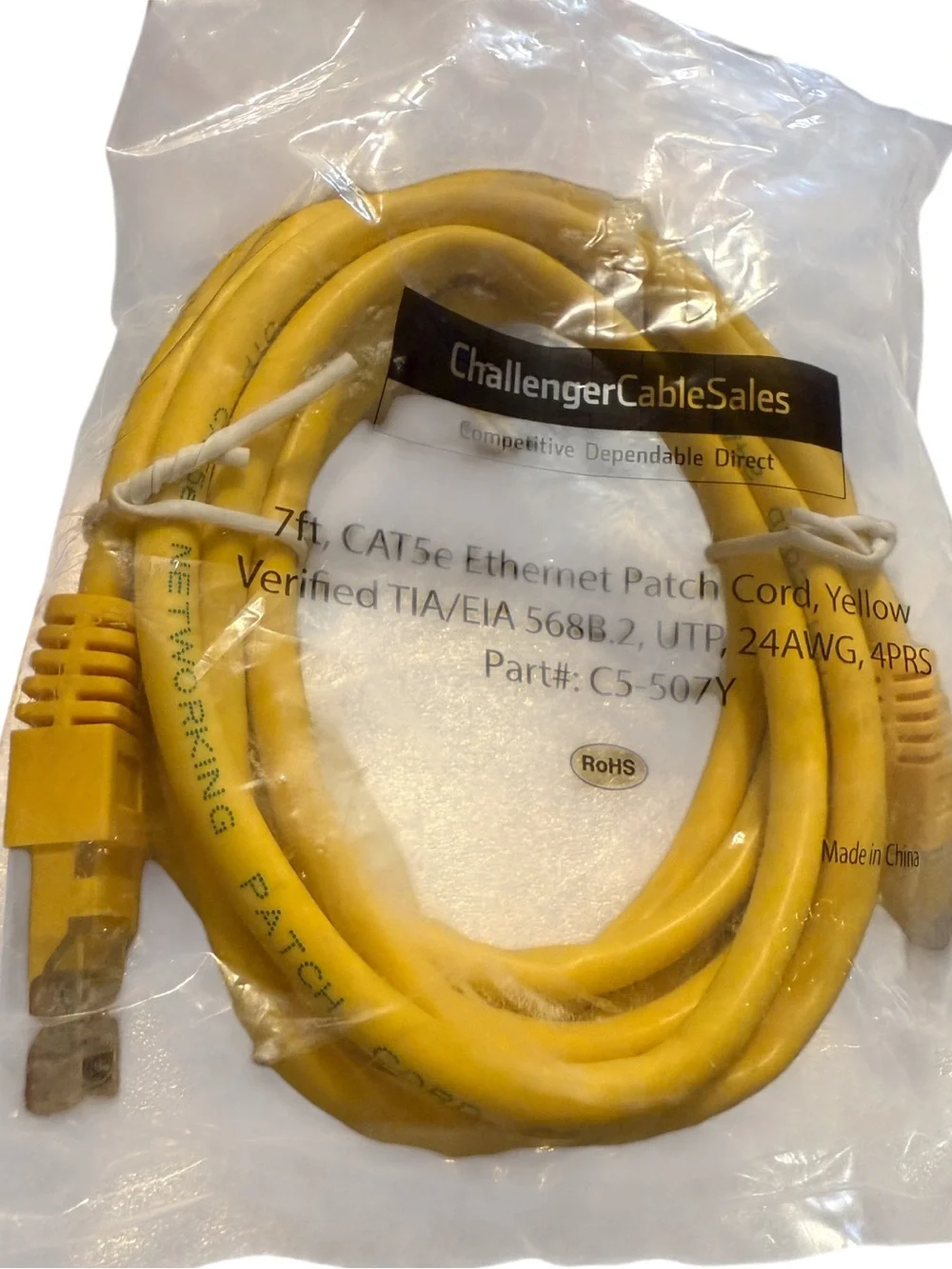 7' CAT5e Ethernet Patch Cord #C5-507Y Challenger Cable 24AWG 4PRS New Sealed Bag